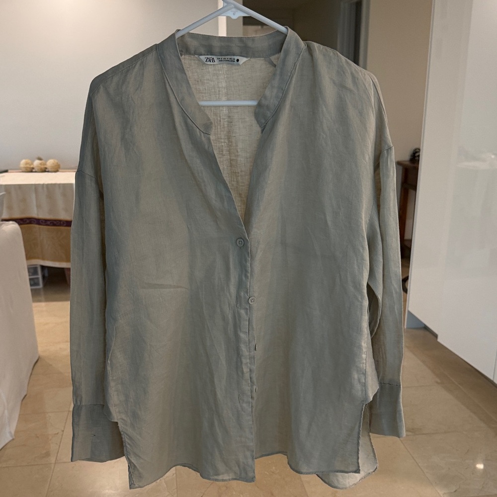 Zara linen shirt 3/4 sleeve round collar